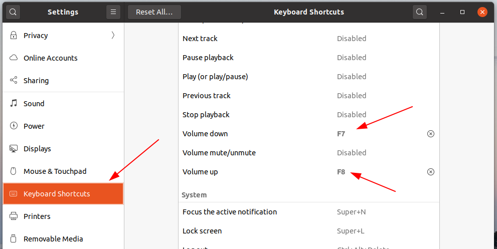 Screenshot: Ubuntu 20.04 function key overlay